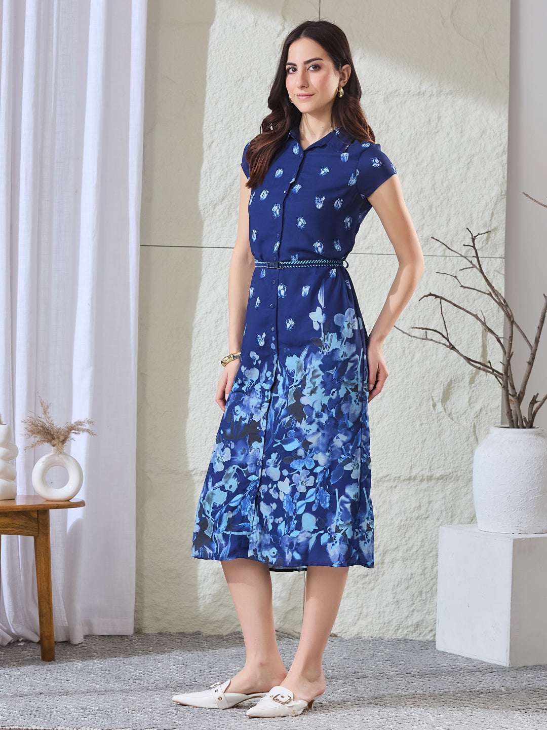Latin Quarters Women's Blue Printed Cap Sleeves Collared Casual Shirt Dress