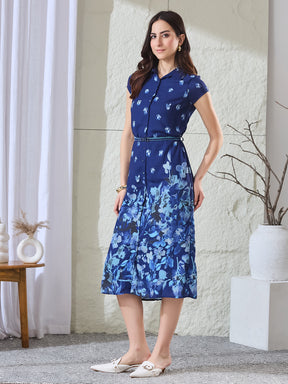 Latin Quarters Women's Blue Printed Cap Sleeves Collared Casual Shirt Dress