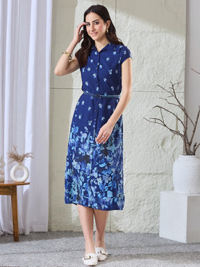 Latin Quarters Women's Blue Printed Cap Sleeves Collared Casual Shirt Dress