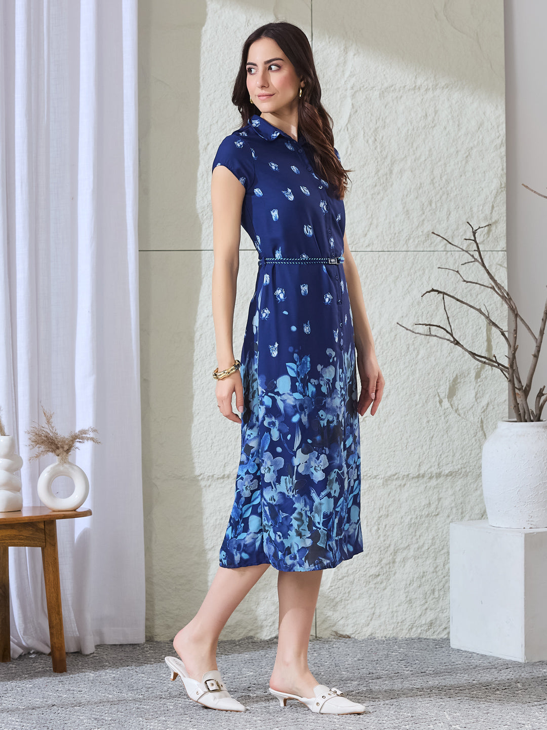Latin Quarters Women's Blue Printed Cap Sleeves Collared Casual Shirt Dress