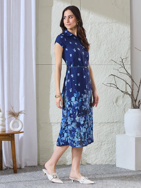 Latin Quarters Women's Blue Printed Cap Sleeves Collared Casual Shirt Dress