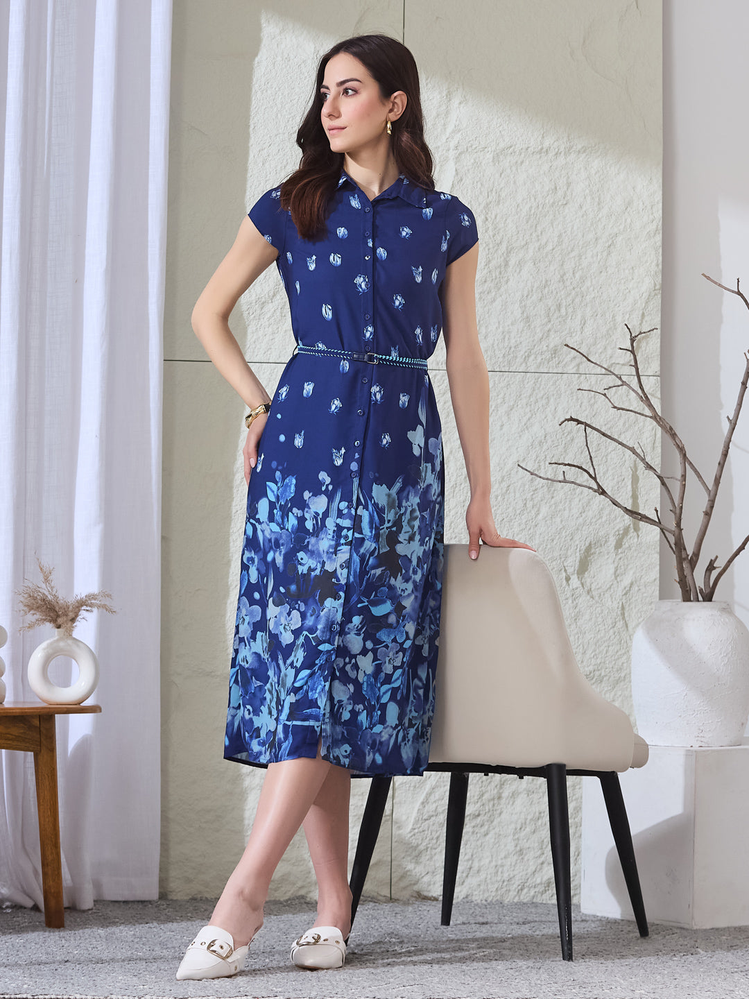 Latin Quarters Women's Blue Printed Cap Sleeves Collared Casual Shirt Dress