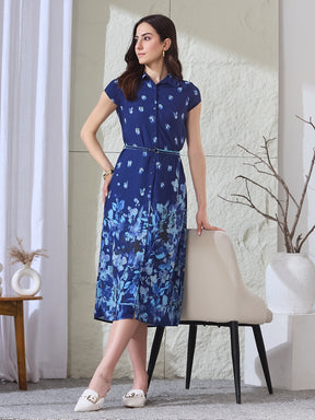 Latin Quarters Women's Blue Printed Cap Sleeves Collared Casual Shirt Dress
