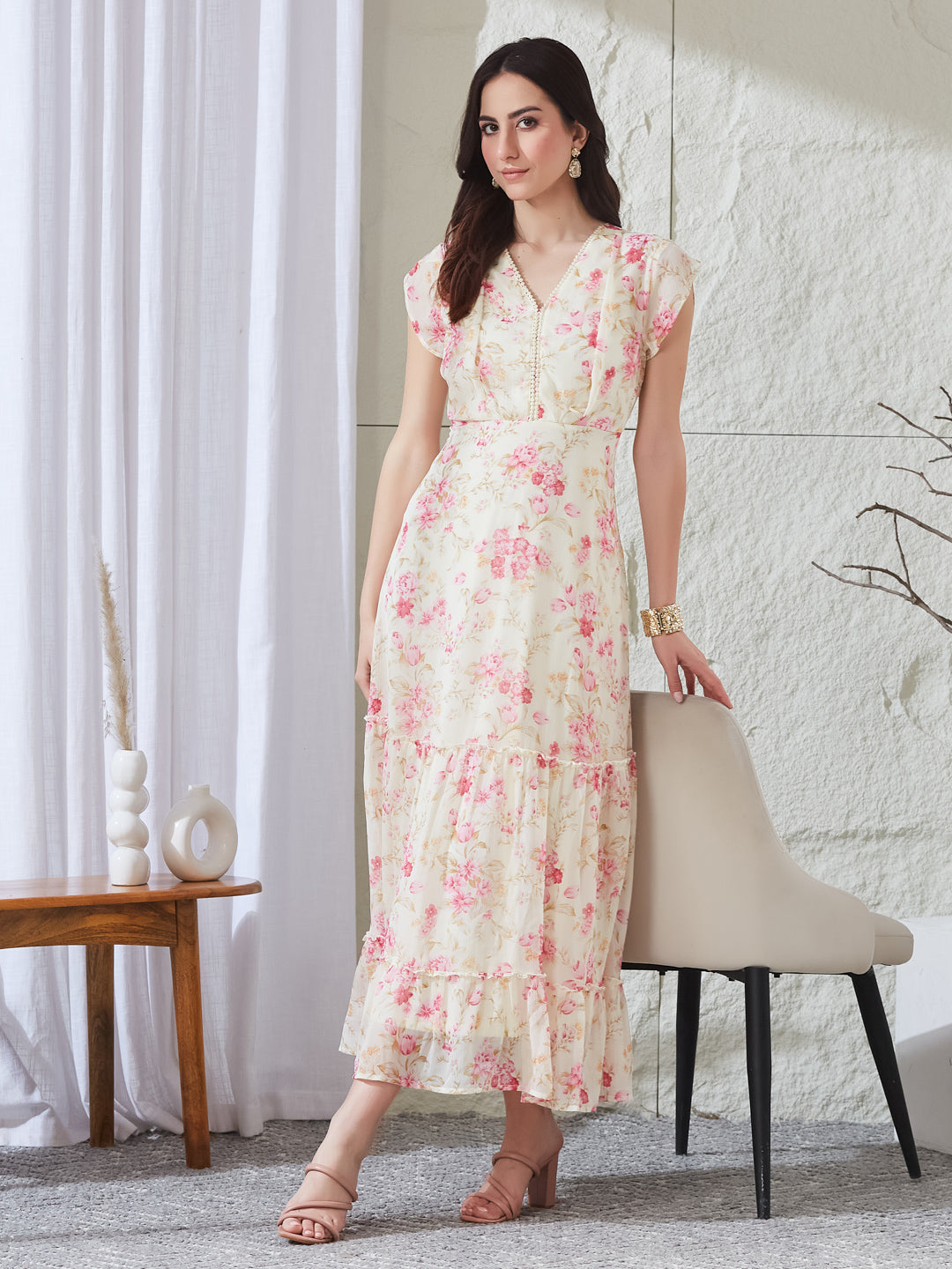 Latin Quarters Women's Off White Printed Cap Sleeves V-Neck Casual Fit & Flared Dress