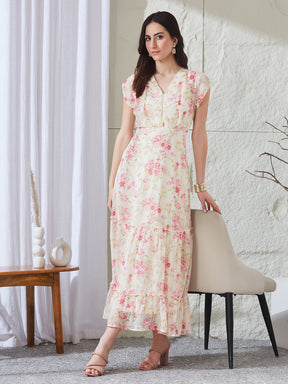 Latin Quarters Women's Off White Printed Cap Sleeves V-Neck Casual Fit & Flared Dress