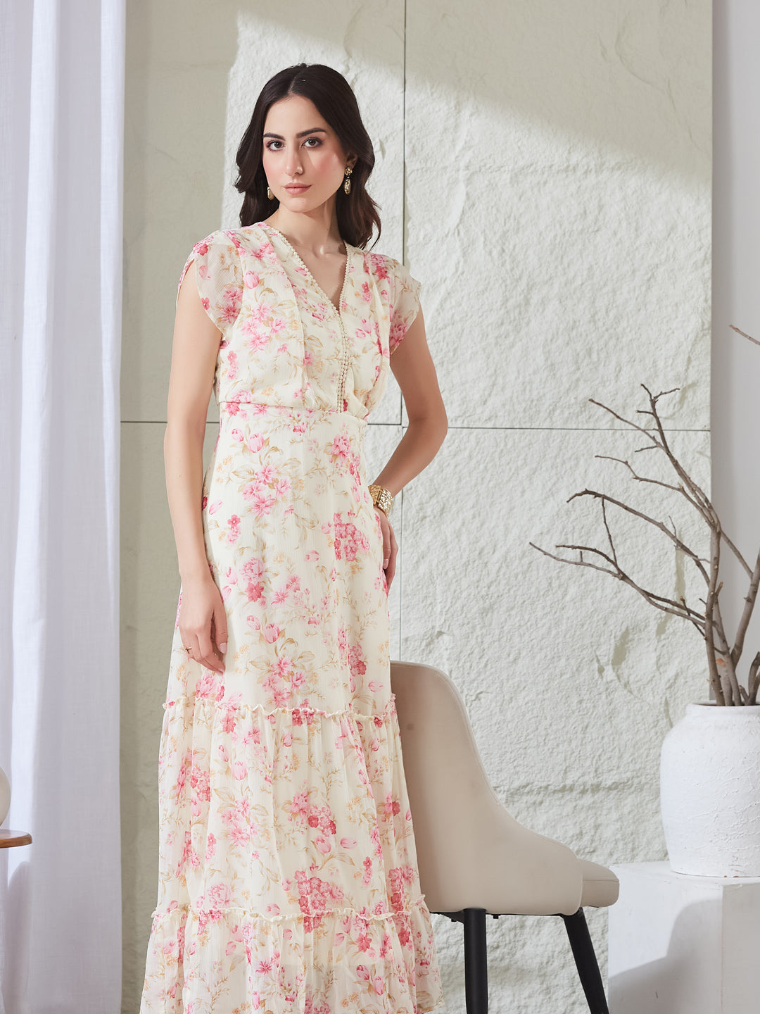Latin Quarters Women's Off White Printed Cap Sleeves V-Neck Casual Fit & Flared Dress