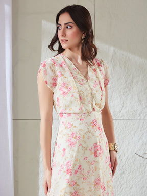 Latin Quarters Women's Off White Printed Cap Sleeves V-Neck Casual Fit & Flared Dress