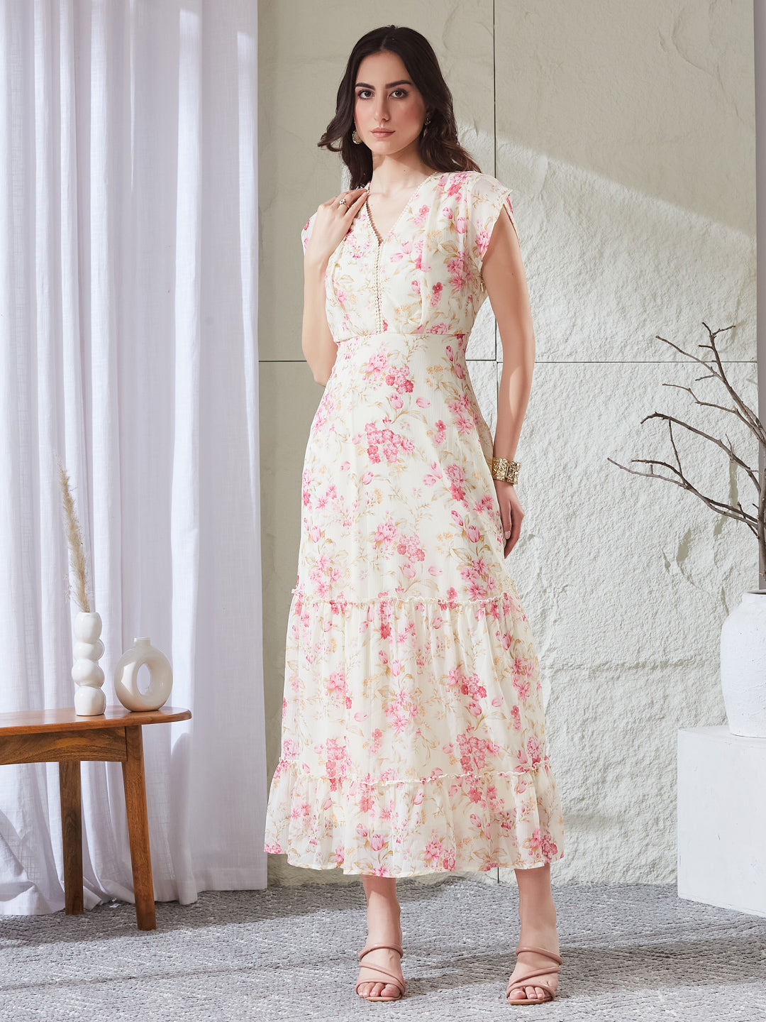 Latin Quarters Women's Off White Printed Cap Sleeves V-Neck Casual Fit & Flared Dress