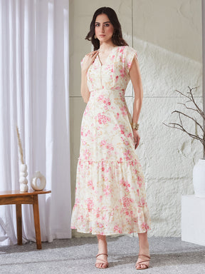 Latin Quarters Women's Off White Printed Cap Sleeves V-Neck Casual Fit & Flared Dress