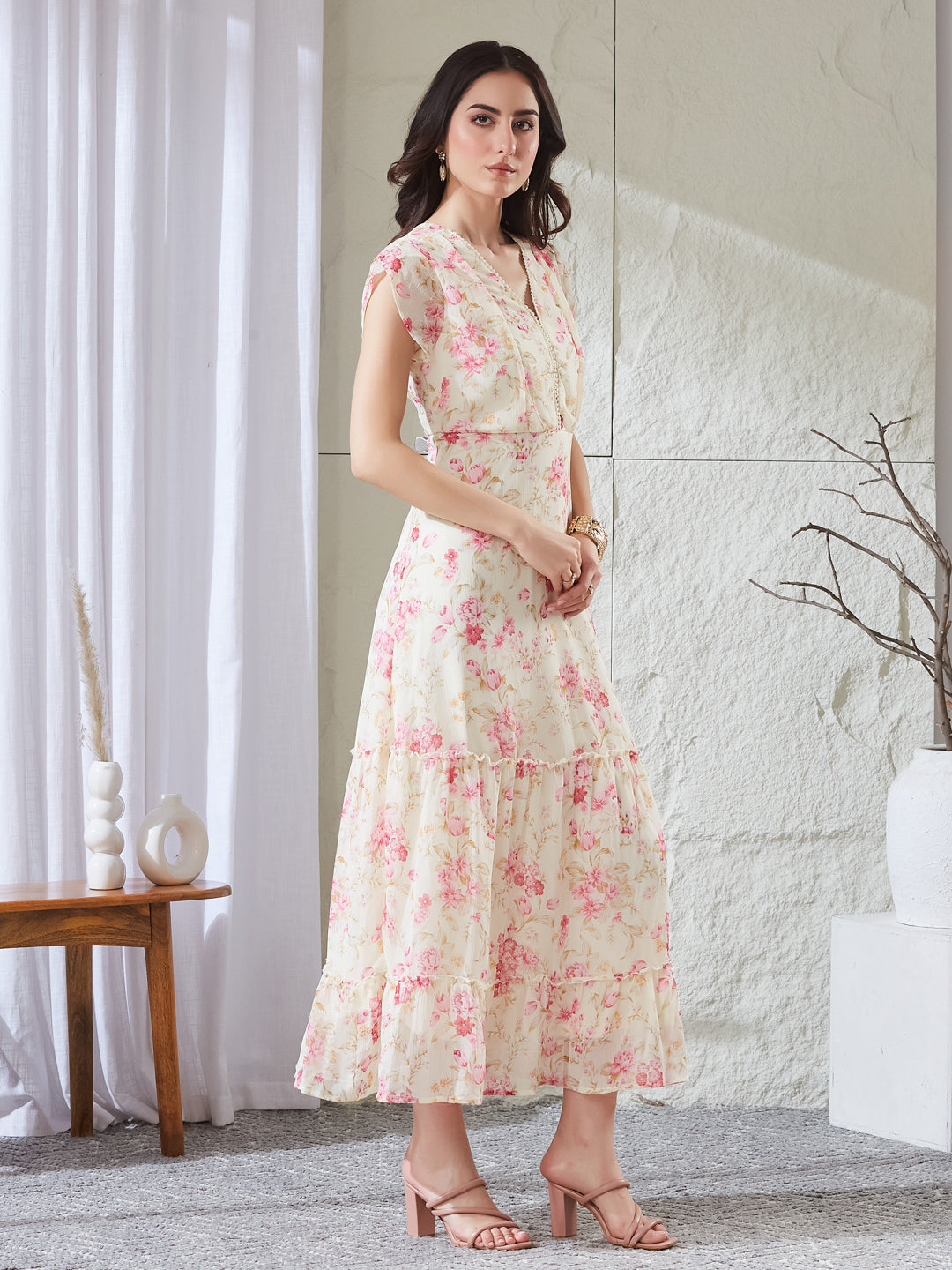 Latin Quarters Women's Off White Printed Cap Sleeves V-Neck Casual Fit & Flared Dress
