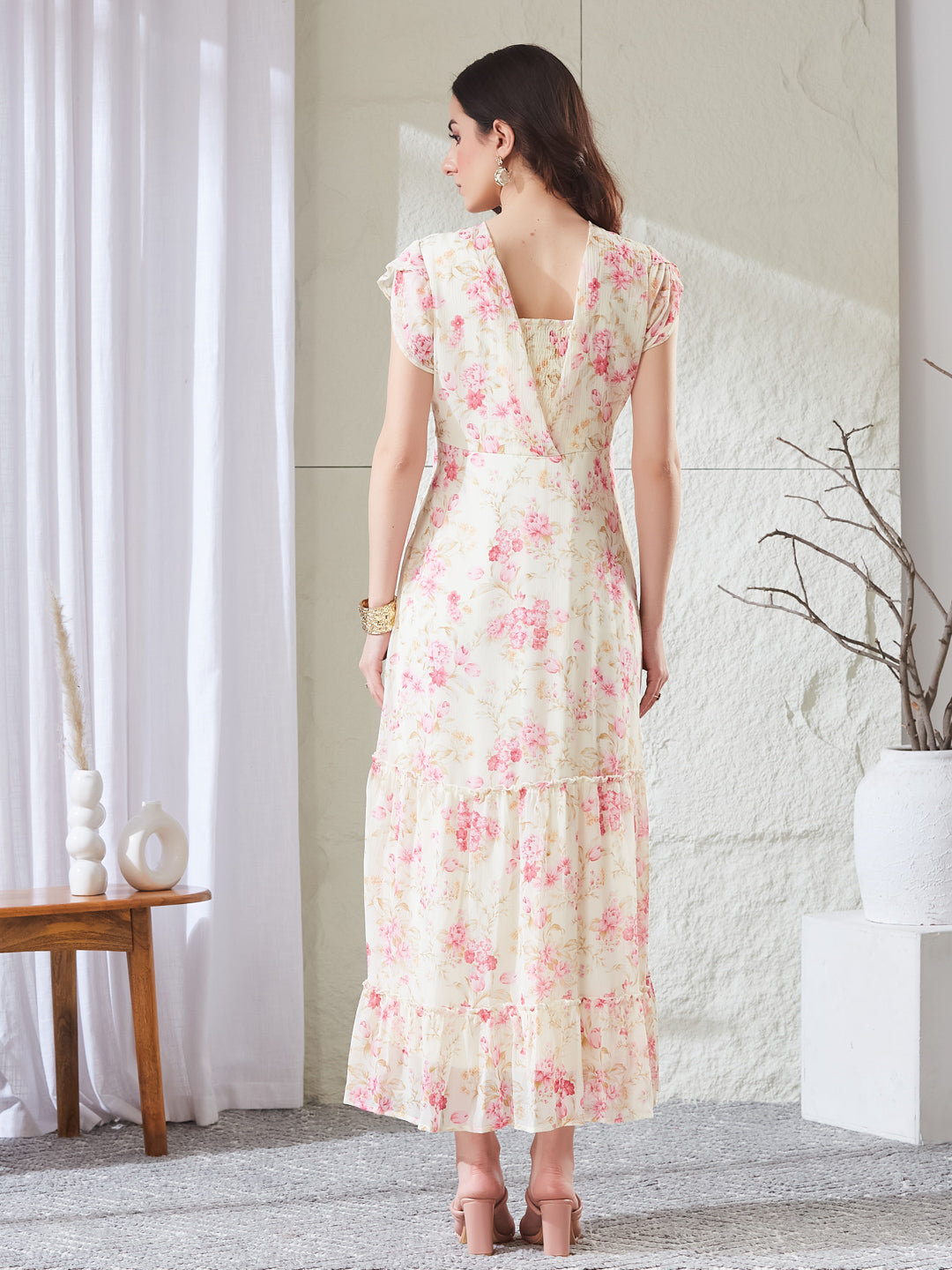 Latin Quarters Women's Off White Printed Cap Sleeves V-Neck Casual Fit & Flared Dress