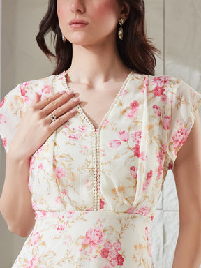 Latin Quarters Women's Off White Printed Cap Sleeves V-Neck Casual Fit & Flared Dress