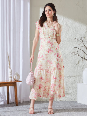 Latin Quarters Women's Off White Printed Cap Sleeves V-Neck Casual Fit & Flared Dress