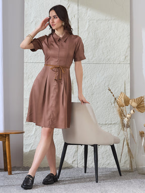Latin Quarters Women's Brown Solid Half Sleeves Collared Casual A-Line Dress