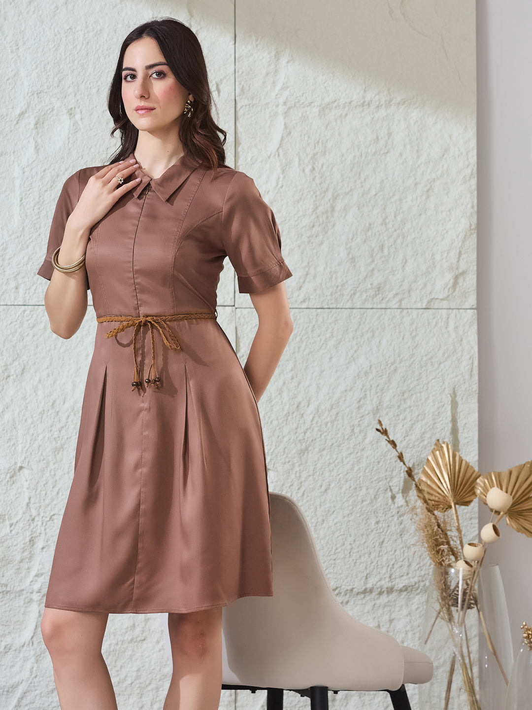 Latin Quarters Women's Brown Solid Half Sleeves Collared Casual A-Line Dress
