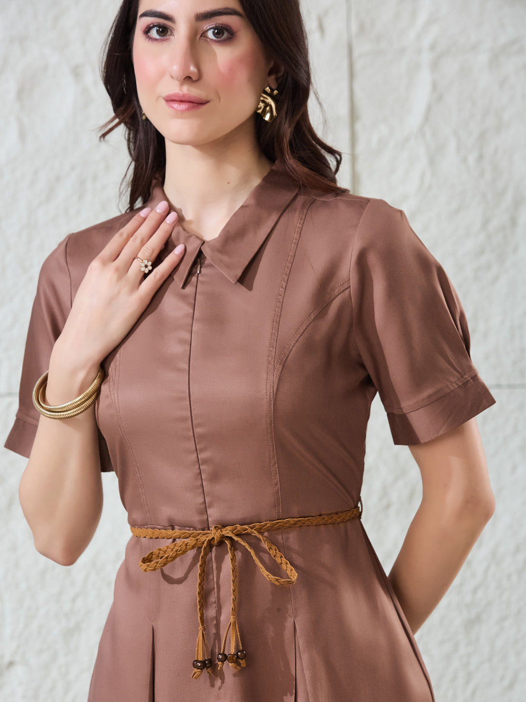 Latin Quarters Women's Brown Solid Half Sleeves Collared Casual A-Line Dress
