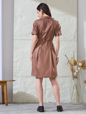 Latin Quarters Women's Brown Solid Half Sleeves Collared Casual A-Line Dress