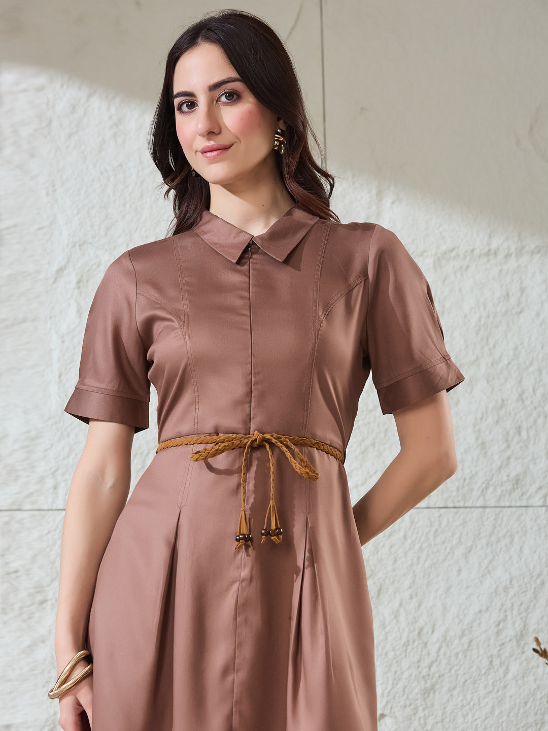 Latin Quarters Women's Brown Solid Half Sleeves Collared Casual A-Line Dress