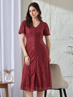 Latin Quarters Women's Maroon Lace Half Sleeves V-Neck Party Fit & Flared Dress