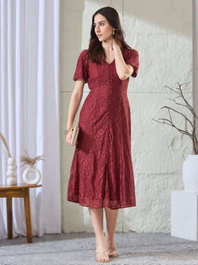 Latin Quarters Women's Maroon Lace Half Sleeves V-Neck Party Fit & Flared Dress