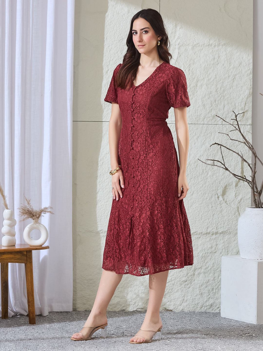 Latin Quarters Women's Maroon Lace Half Sleeves V-Neck Party Fit & Flared Dress