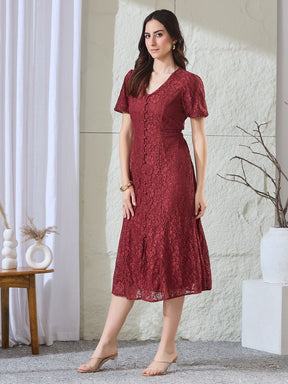 Latin Quarters Women's Maroon Lace Half Sleeves V-Neck Party Fit & Flared Dress