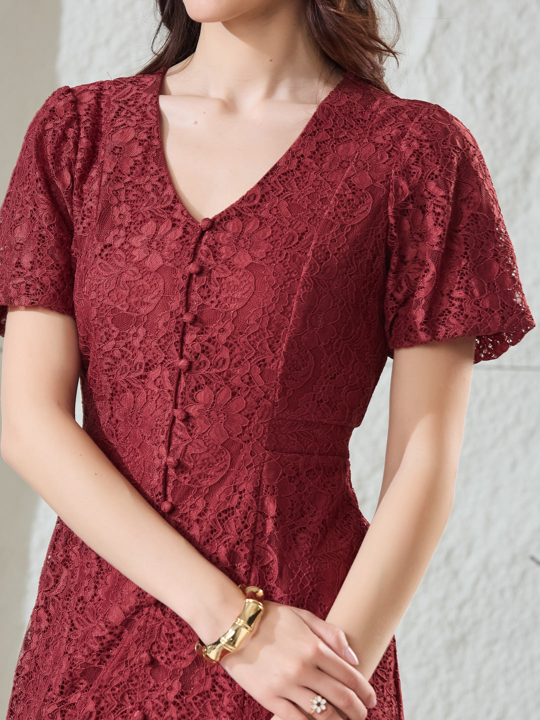 Latin Quarters Women's Maroon Lace Half Sleeves V-Neck Party Fit & Flared Dress
