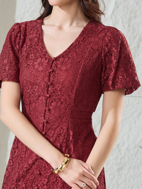 Latin Quarters Women's Maroon Lace Half Sleeves V-Neck Party Fit & Flared Dress