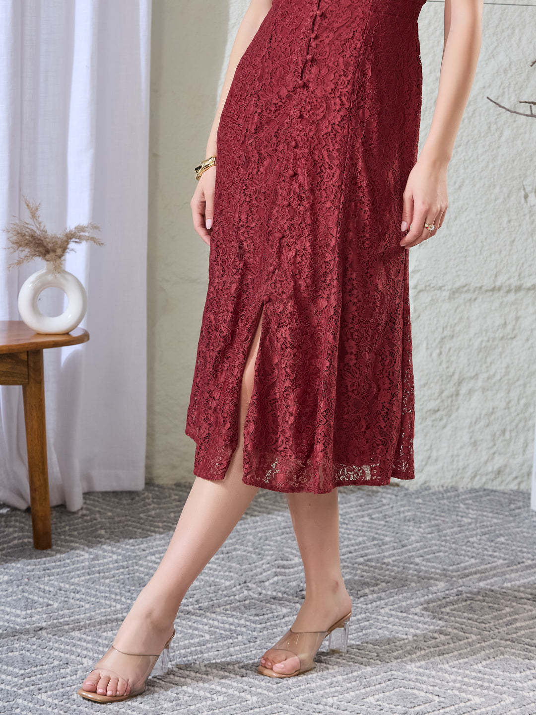 Latin Quarters Women's Maroon Lace Half Sleeves V-Neck Party Fit & Flared Dress
