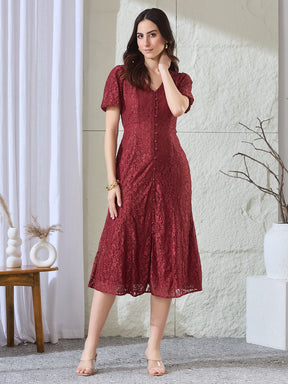 Latin Quarters Women's Maroon Lace Half Sleeves V-Neck Party Fit & Flared Dress