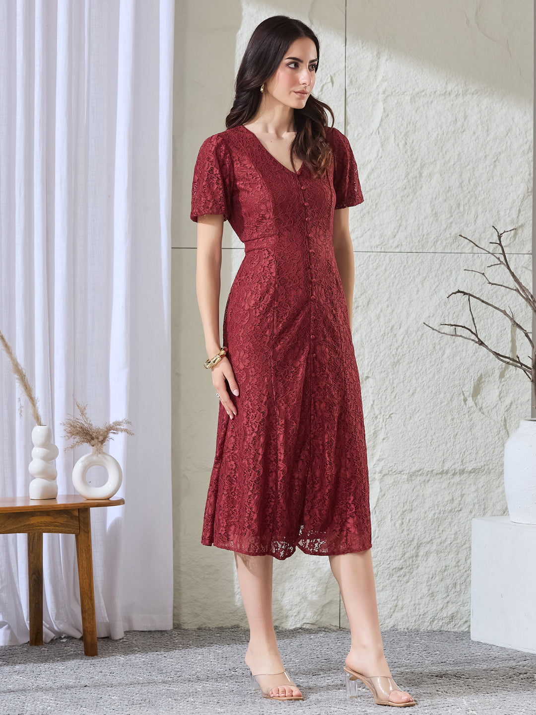 Latin Quarters Women's Maroon Lace Half Sleeves V-Neck Party Fit & Flared Dress