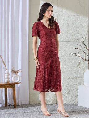 Latin Quarters Women's Maroon Lace Half Sleeves V-Neck Party Fit & Flared Dress