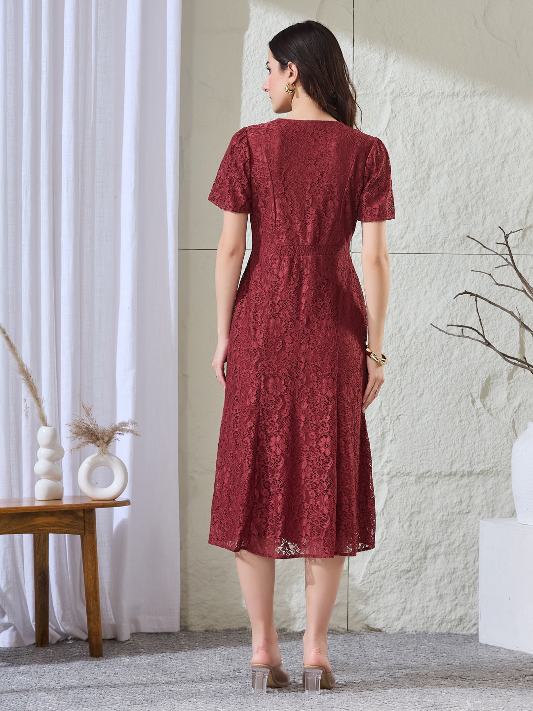 Latin Quarters Women's Maroon Lace Half Sleeves V-Neck Party Fit & Flared Dress