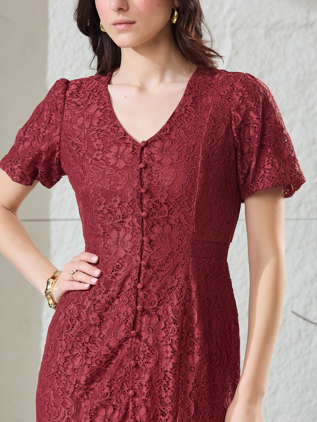 Latin Quarters Women's Maroon Lace Half Sleeves V-Neck Party Fit & Flared Dress