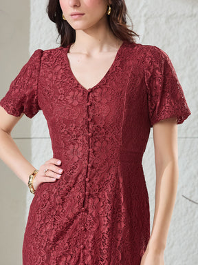Latin Quarters Women's Maroon Lace Half Sleeves V-Neck Party Fit & Flared Dress
