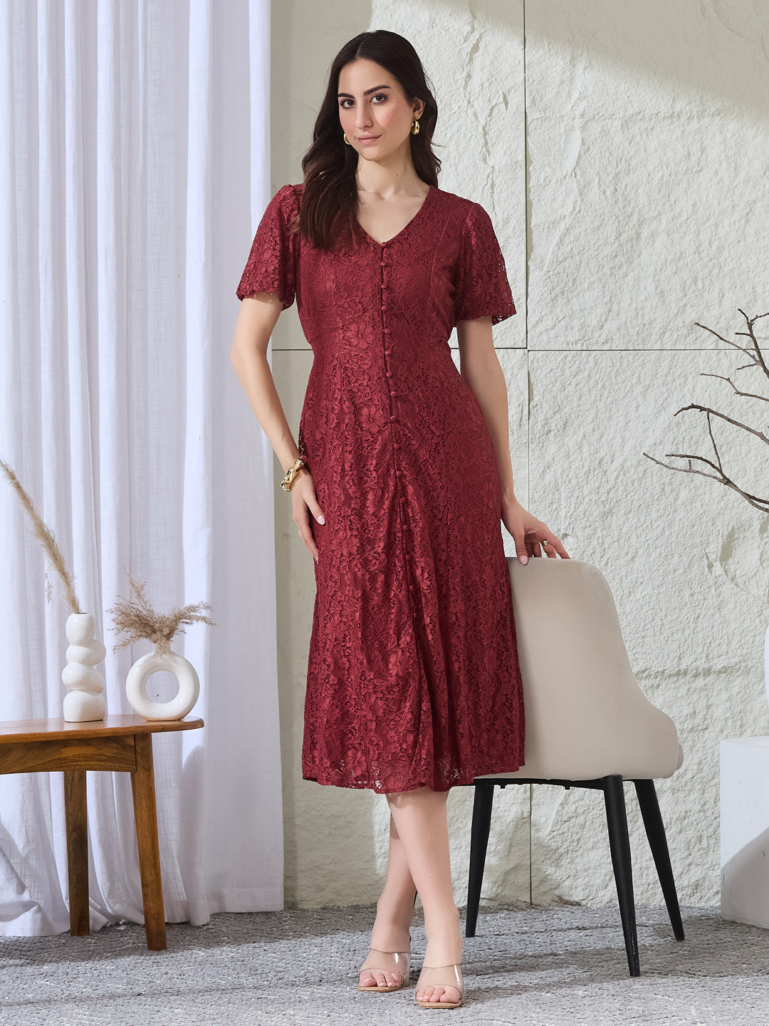 Latin Quarters Women's Maroon Lace Half Sleeves V-Neck Party Fit & Flared Dress