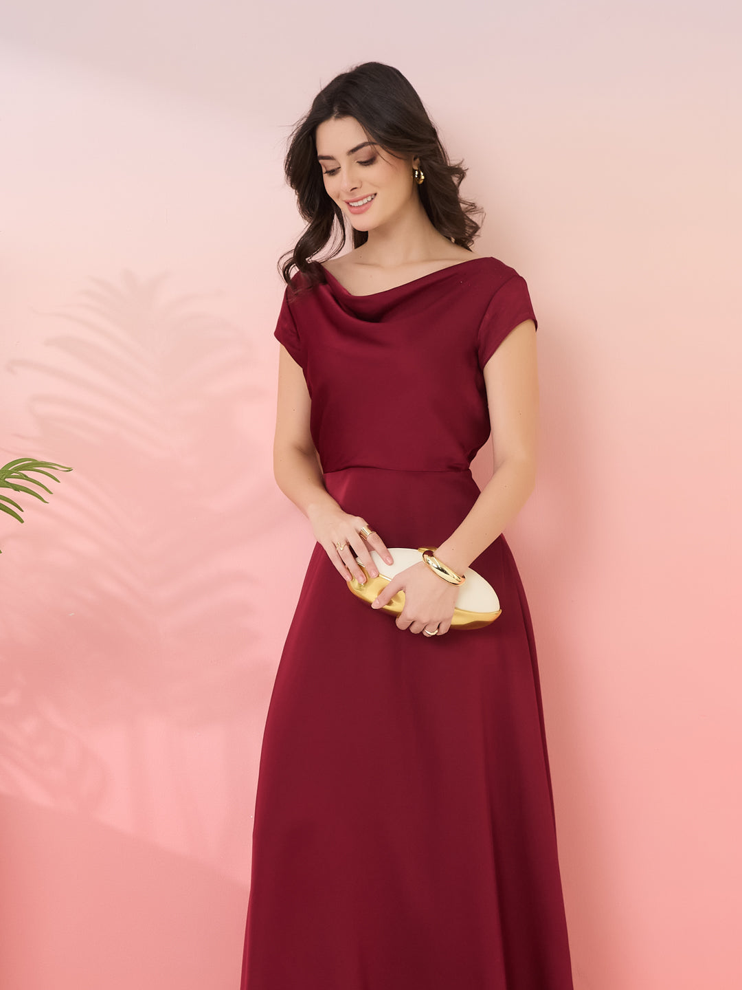 Latin Quarters Women's Maroon Solid Cowl Neck Cap Sleeves Party Fit & Flare Dress
