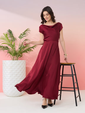 Latin Quarters Women's Maroon Solid Cowl Neck Cap Sleeves Party Fit & Flare Dress