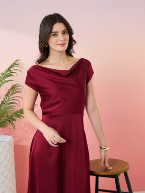 Latin Quarters Women's Maroon Solid Cowl Neck Cap Sleeves Party Fit & Flare Dress