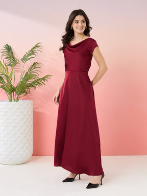 Latin Quarters Women's Maroon Solid Cowl Neck Cap Sleeves Party Fit & Flare Dress