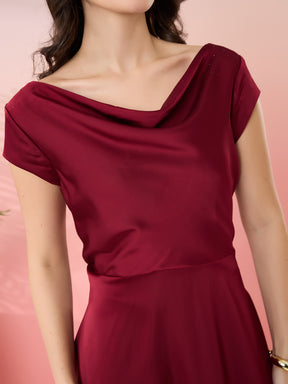 Latin Quarters Women's Maroon Solid Cowl Neck Cap Sleeves Party Fit & Flare Dress