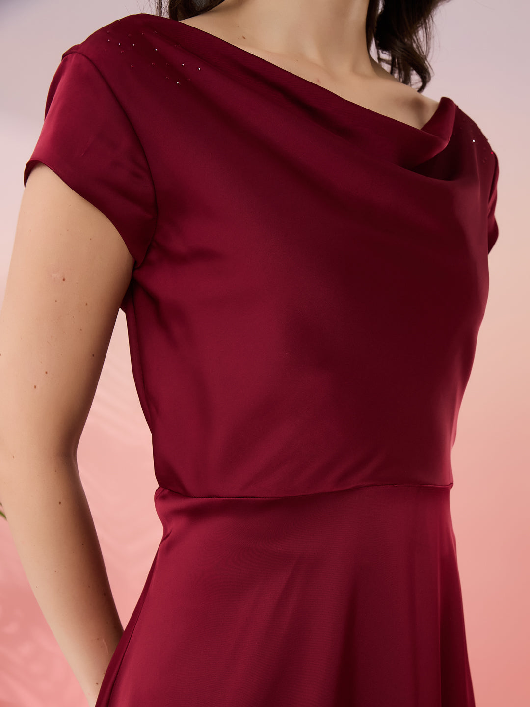 Latin Quarters Women's Maroon Solid Cowl Neck Cap Sleeves Party Fit & Flare Dress