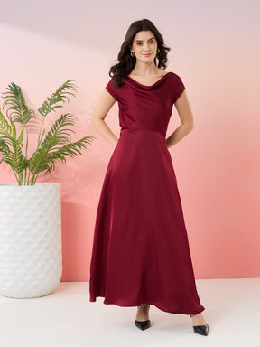Latin Quarters Women's Maroon Solid Cowl Neck Cap Sleeves Party Fit & Flare Dress