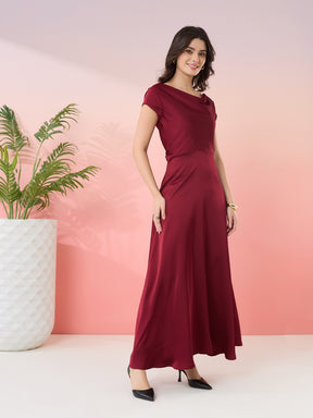 Latin Quarters Women's Maroon Solid Cowl Neck Cap Sleeves Party Fit & Flare Dress