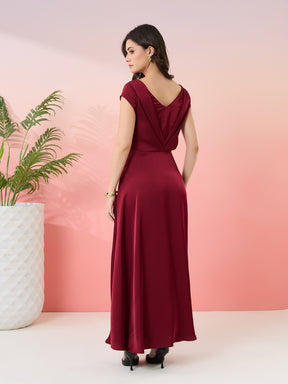 Latin Quarters Women's Maroon Solid Cowl Neck Cap Sleeves Party Fit & Flare Dress