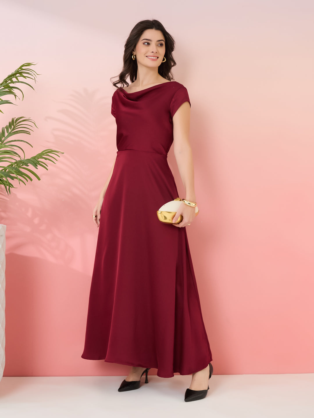 Latin Quarters Women's Maroon Solid Cowl Neck Cap Sleeves Party Fit & Flare Dress