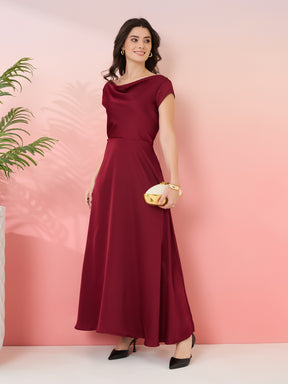 Latin Quarters Women's Maroon Solid Cowl Neck Cap Sleeves Party Fit & Flare Dress