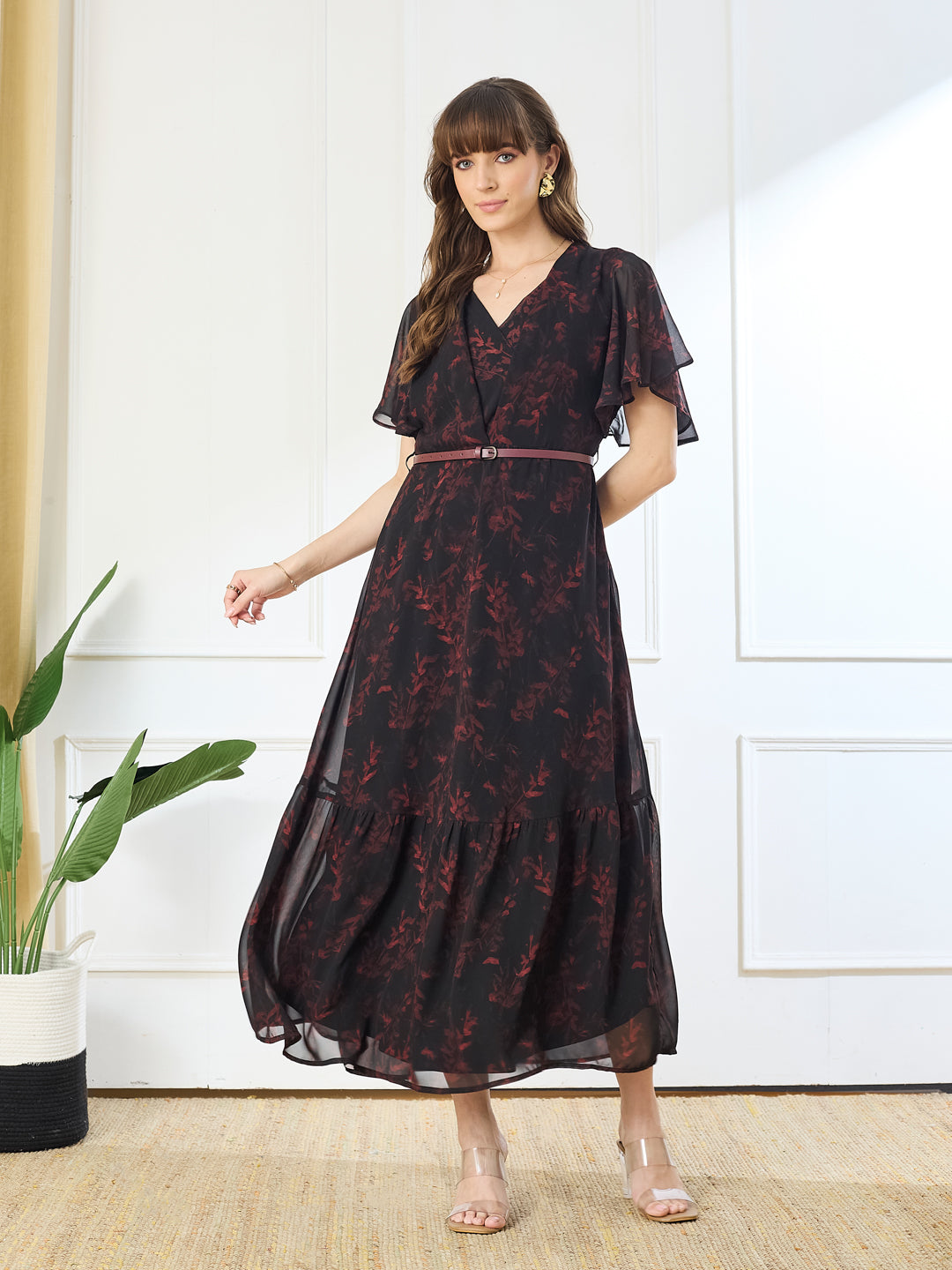 Latin Quarters Women's Black Printed V-Neck Half Sleeve Casual Fit & Flare Dress