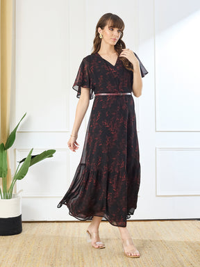 Latin Quarters Women's Black Printed V-Neck Half Sleeve Casual Fit & Flare Dress