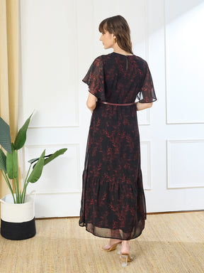Latin Quarters Women's Black Printed V-Neck Half Sleeve Casual Fit & Flare Dress